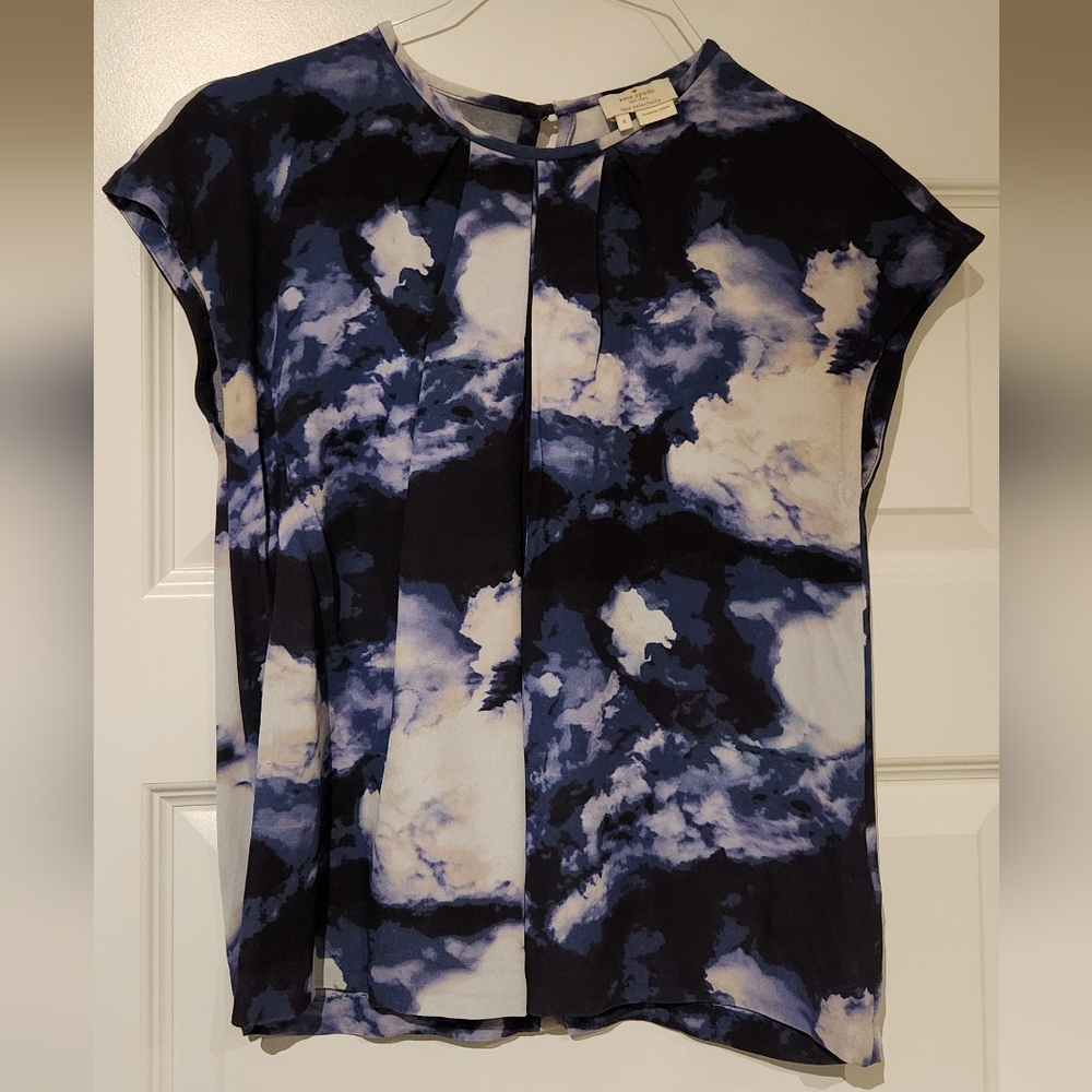 Kate Spade Blue and White Boxy Cap Sleeve Blouse